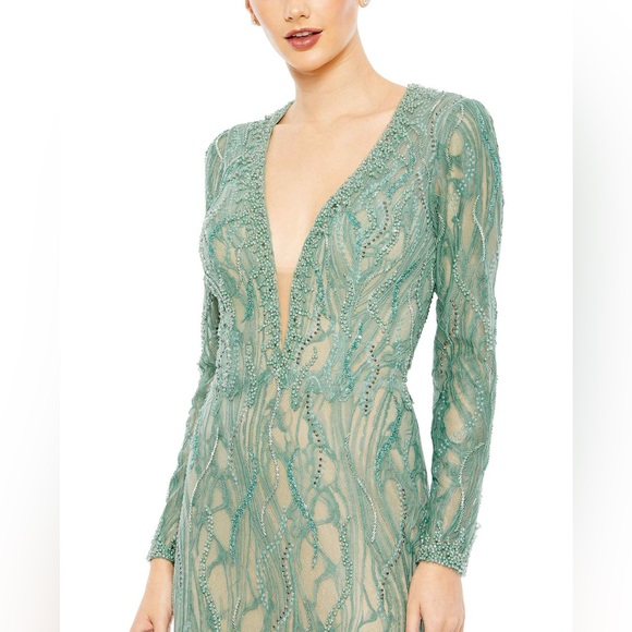BEADED ILLUSION LONG SLEEVE PLUNGE NECK GOWN - Picture 3 of 6